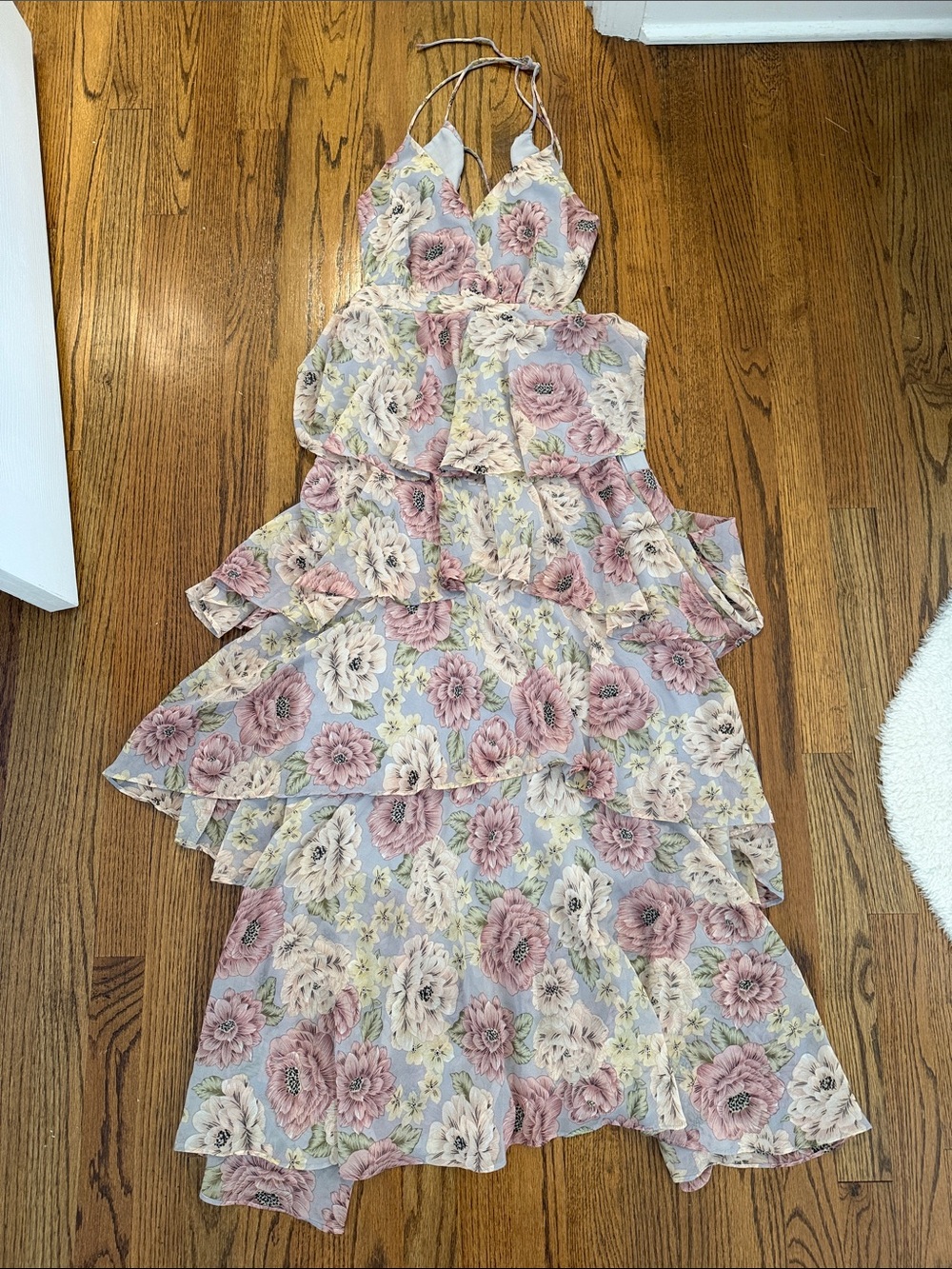 Floral Ruffle Maxi Dress in Light Blue and Pink